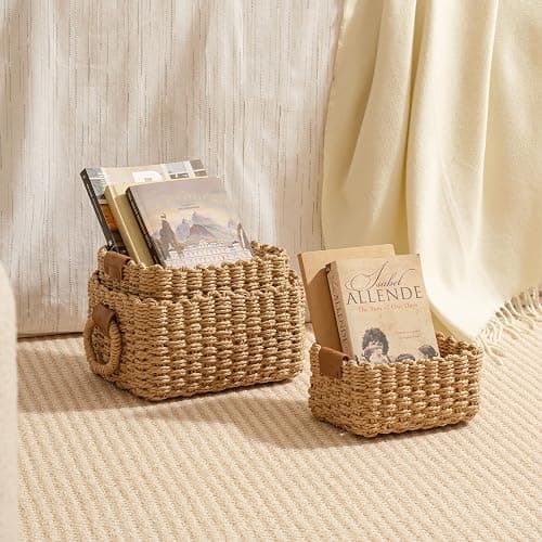 LA JOLIE MUSE Small Wicker Baskets for Organizing, Recycled Paper Rope Storage Basket Container Bins for Shelves Bathroom Cupboards Drawer, Decorative Square Basket Organizer Set of 3 thumbnail 2
