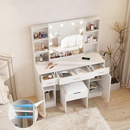 Halitaa Makeup Vanity Table with Lighted Mirror & Outlets, Large Vanity Set Vanity Desk with Lots Storage, 3 Lighting Modes, Brightness Adjustable, 45inch thumbnail 4