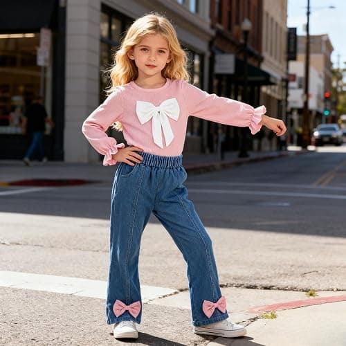 Axumity Kid Girl 2pcs Clothes Spring Summer Outfits Cute Sweet Bowknot Long Sleeve Bowknot Top + Denim Pants Set thumbnail 5