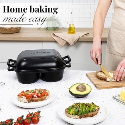 QuadPro Enamelled Cast Iron Bread Loaf Pot – Dutch Oven for Sourdough Bread Baking – 500°F Oven Safe Non Stick Bread Pot – 4 Round Loaf Spaces (4.90-inch Diameter), Black – by Nuovva thumbnail 2