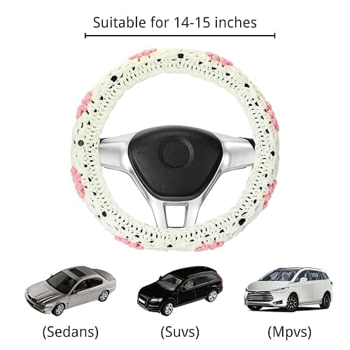 14-15'' Crochet Steering Wheel Cover Set,Vintage Handmade Daisy Granny Square Seat Belt Cover,Boho Car Interior Accessories Decoration for Women HZYZW (HZYZW43, A Wheel Cover) thumbnail 2