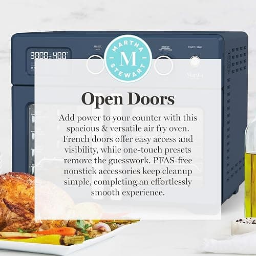 Martha Stewart French Door Air Fryer Toaster Oven Combo, 34QT Countertop Convection, 12-in-1, Bake, Broil, Roast, Fits 12” Pizza, Dehydrate, 5 Accessories, Air Fry Basket, Stainless Steel, Indigo Blue thumbnail 12