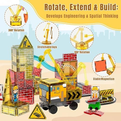 SKTMYY Magnetic Tiles Construction Toys with Road & Crane & Marble Run, Double-Sided Fire Station & Building Magnet Tiles for Kids Ages 4-8, STEM Magnetic Blocks Gifts for 3 4 5 6 7 8 Year Old Boys thumbnail 3