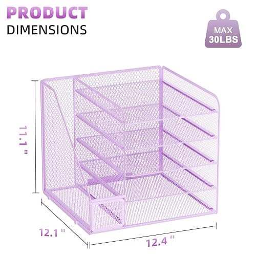 Marbrasse Desk Organizers and Accessories, 5-Tier Paper Letter Tray Organizer with File Holder, Mesh File Organizer, Office Desk Accessories & Organization for Supplies (Purple) thumbnail 3