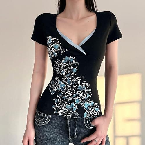 Fronage Y2K Floral Print Grunge Clothes Gothic V Neck Slim Fit Crop Tops Emo 2000s Short Sleeve T Shirt Whimsy Clothes thumbnail 3