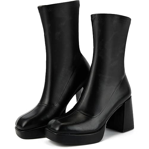 Putu Platform Boots for Women,GoGo Boots,Square Toe Chunky Heel Ankle Boots Pull on Booties - Image 1