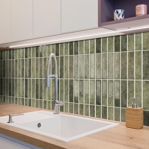 Alwayspon 10 Sheets 12x12inch Retro Green 3D Vinyl Backsplash Tiles, Self-Adhesive Peel and Stick Wall Tile Stickers Stick on Subway Tiles for Kitchen Bathroom Wall thumbnail 3
