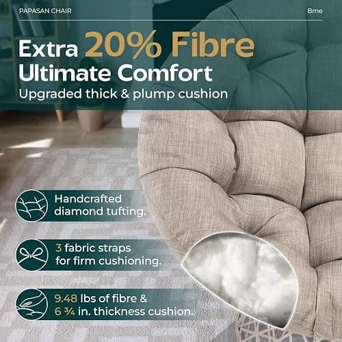 Bme 40" Ergonomic Wicker Papasan Chair with Soft Thick Density Fabric Cushion, High Capacity Steel Frame, 360 Degree Swivel for Living, Bedroom, Reading Room, Lounge - Silver Clound - White Base - Upgrade Cushion - Classic 40" thumbnail 3