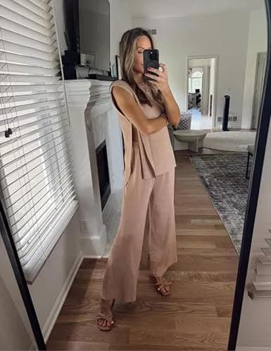 Lviefent Womens 2 Piece Outfits Sweater Set Sleeveless Side Slit Pullover Top Knit Wide Leg Pants Lounge Matching Sets thumbnail 7