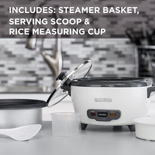 BLACK+DECKER Rice Cooker 6-Cup (Cooked) with Steaming Basket, Removable Non-Stick Bowl, White thumbnail 4