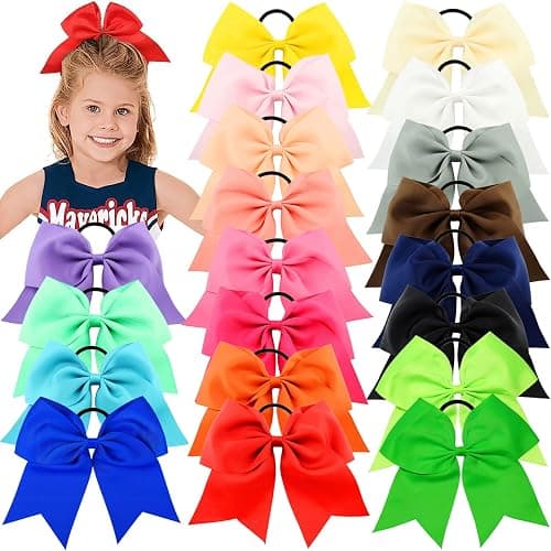 WillingTee 20Pcs 8" Large Cheer Bows for Girls Ponytail Holder Grosgrain Ribbon Cheerleading Bows Elastic Hair Tie Bands for Baby Girls School Colleage Teens Senior Cheerleader - Image 1