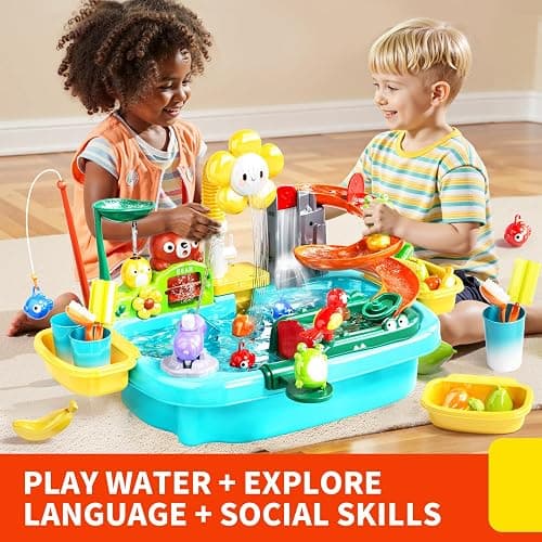 Pupu Pig Water Table Play Sink Toys for Toddlers, Kids Play Kitchen Sink with Running Water, 360° Electric Faucet, Floating Fishing Game, Sensory Water Table Toys for Boys Girls Summer Gifts thumbnail 6