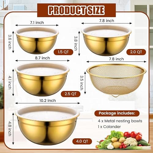 Teenyyou Gold Mixing Bowls with Airtight Lids Stainless Steel Mixing Bowl Set of 5, 4 Metal Nesting Organizers 4 in 1 Colander Non-slip Bottom Size 1.5, 2.0, 2.5, 4.0 Qt for Baking Serving Food thumbnail 2