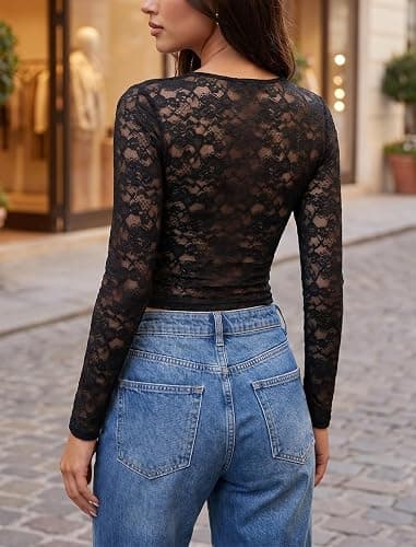 Matunana Womens Long Sleeve Going Out Tops Lace Mesh Sexy Cute Y2K Shirts | 2026 V Neck Crop Sheer Trendy Clothes, Fall Fashion, Date Night, Party Club Top, Country Concert Outfits thumbnail 5