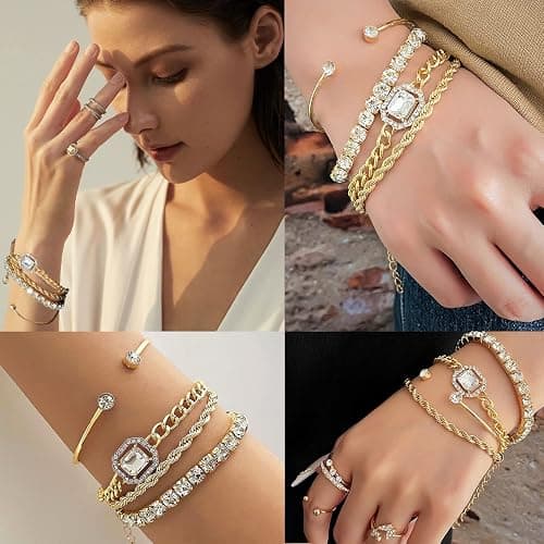 4 Pcs Dainty Gold Silver Bracelets Set for Women 14K Plated Link Cubic Zirconia Paperclip Stake Layering Chain Adjustable Trendy Hand Jewelry thumbnail 2