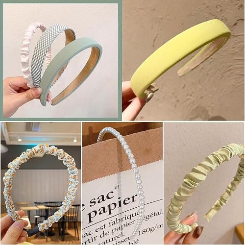 YONOY 7Pcs Fashion Headband Set for Women & Girls with Different Designs - Non Slip Floral, Pearl and Vintage Wide Headbands (Green) thumbnail 6