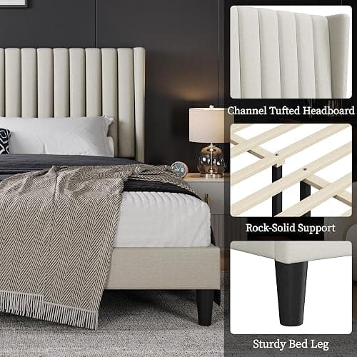 Yaheetech King Bed Frame Upholstered Platform Bed with Fabric Headboard, Wing Edge Design/Non-Slip and Noise-Free/Wooden Slats Support/No Box Spring Needed/Easy Assembly, Ivory King Bed thumbnail 4