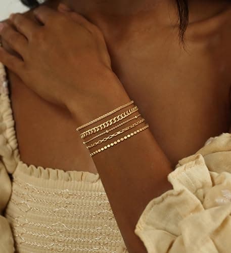 DEARMAY Waterproof Gold Plated Bracelets Set for Women Trendy, Dainty 14K Gold Jewelry Fashion Stackable Tennis Beaded Figaro Herringbone Paperclip Link Bracelet Pack Stack Gifts for Women thumbnail 3