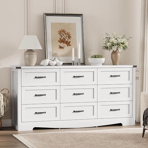 Dresser for Bedroom with 9 Drawers, 59" Wide Modern Chest of Drawers with Deep Drawers & Mental Handle, Wood Dresser TV Stand, Wooden Closet Storage Organizer for Living Room, Hallway, Entryway, White thumbnail 8