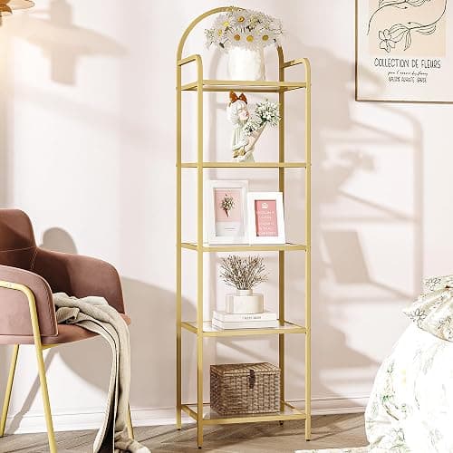Hzuaneri 5 Tier Bookcase Bookshelf, Tempered Glass Bookshelves, Slim Shelving Unit for Bedroom, Bathroom, Home Office, Steel Frame, Gold BC05001G - Image 1
