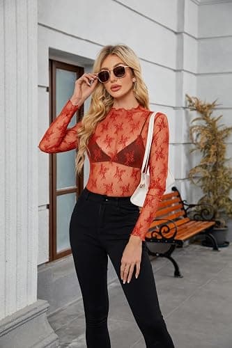 siliteelon Lace Tops for Women Mesh Long Sleeve Top Sheer Lace Shirt Floral Mock Neck Party Club Lace Undershirt thumbnail 5