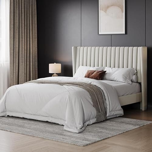 Yaheetech Queen Bed Frame Upholstered Platform Bed with Fabric Headboard, Wing Edge Design/Non-Slip and Noise-Free/Wooden Slats Support/No Box Spring Needed/Easy Assembly, Beige Queen Bed thumbnail 3