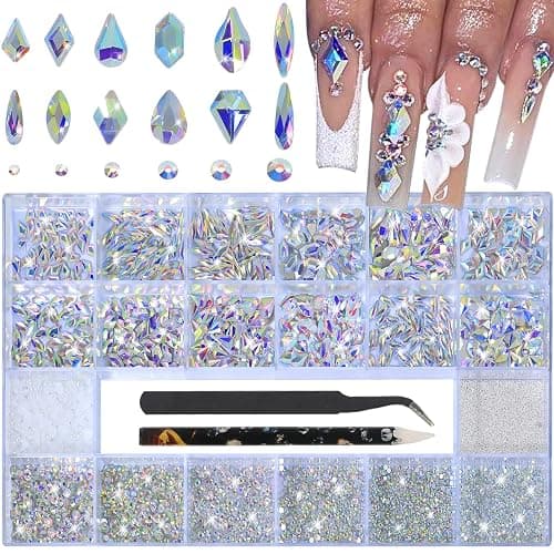 HNUIX Nail Rhinestones - 3D Multiple Shape Size Gems, AB Color, Manicure Beads, Pearls, Flatback Crystals Rhinestones, with Kit, for Nail Art Decor - Image 1