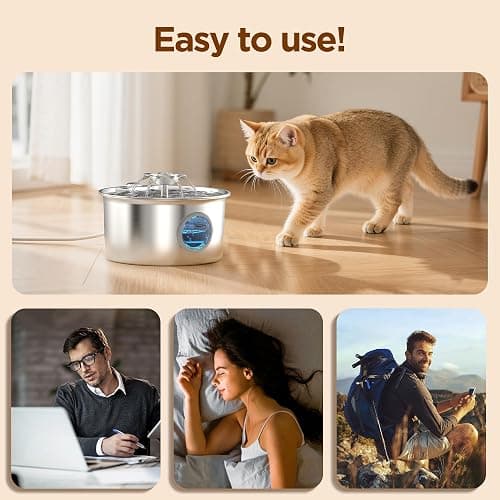 Stainless Steel Cat Water Fountain: 88oz/2.6L Ultra Quiet Pet Fountain with Flower Kitty Spout & LED Blue Light Water Dispenser with Water Level Window for Cats/Dogs Indoor (Silver) - IHOUONE thumbnail 7