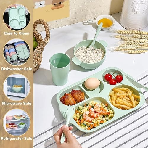 Hlukana 24 Pcs Wheat Straw Dinnerware Cutlery Set, Unbreakable Tableware Set, Including Kids Toddlers Divided Plates, Bowls, Cup, Cutlery Spoons Knifes Forks, BPA Free, Microwave Dishwasher Safe thumbnail 5