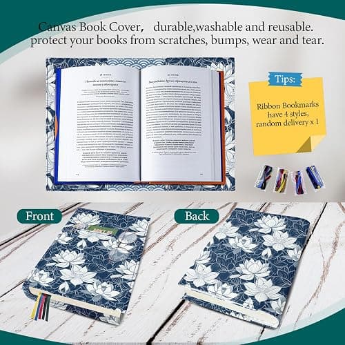 QRZIQRZ Book Cover Protector for Paperback,Adjustable Soft Canvas Fabric Book Cover with Pocket Bookmark,Double Side Print Book Dust Jacket Covers for Hardcover Book Lovers Gift Lotus Flower S thumbnail 6