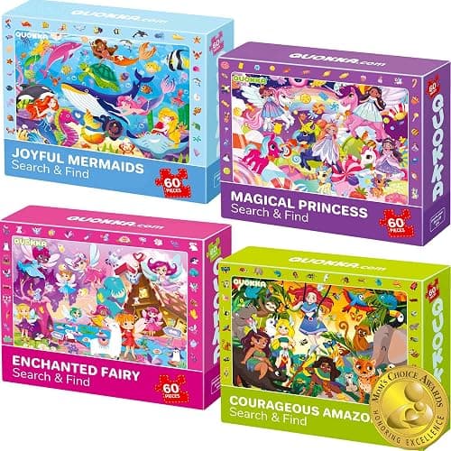 QUOKKA Princess Puzzles for Kids Ages 4-6 - Toddler Puzzles Ages 3-5 - 4-Pack 60 Piece Search and Find Jigsaw Puzzle 6-8 - Unicorn Mermaid Fairy Puzzle for Girls - Learning Educational Toy for 5 Year - Image 1