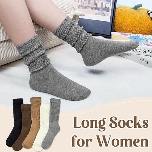 Justay 5 Pairs Slouchy Socks for Women - Slouch Long Crew Knit Boot Athletic Calf Tube Scrunch Socks thumbnail 2
