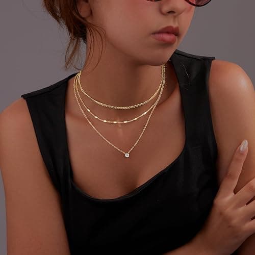 WomenGifts Layered Gold Necklaces for Women, 14K Gold Silver Plated Dainty Pendant Necklace Set with Cubic Zirconia Circle, Chunky Stackable Cuban Chain Choker, Trendy Waterproof Jewelry Gift thumbnail 3