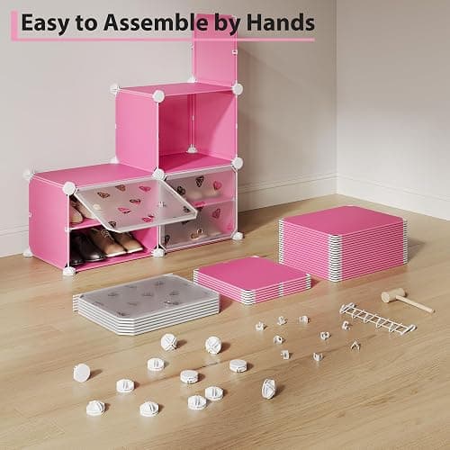 TrailBlaze 8-Tier Expandable Shoe Rack Organizer – Plastic Closet Shoe Storage Cabinet with PVC Shelves and Door – Space-Saving Design for Entryway, Bedroom, Hallway – Pink thumbnail 4