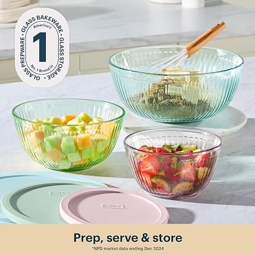 Pyrex Colors (3-Pack, Full Set) Sculpted Tinted Glass Mixing Bowls With Plastic Lids, Nesting Space Saving Set of Bowls For Prepping and Baking, 1.3QT, 2.3QT & 4.5Q, (Pink, Green, Aqua) thumbnail 3