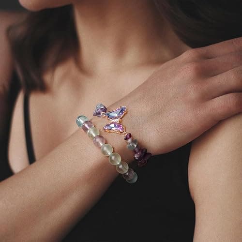 GolbalJew Amethyst Bracelet For Women Anxiety Amethyst Beaded Bracelets Butterfly Charms Healing Stone Layered Bracelet Gifts For Women thumbnail 2