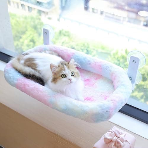 Cat Window Perch, Sturdy Cat Hammock with Strong Suction Cups for Large Heavy Cats, Gradient Color Shiny Fabic with Cushioned Border, Cute Window Bed Seat for Cats Inside with Movable Toy Hooks (XL) thumbnail 7