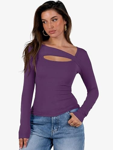 ANRABESS Womens Cutout Tops Trendy Sexy Long Sleeve Shirts Ribbed Slim Fit Tee 2025 Fall Fashion Going Out Tshirts Clothes thumbnail 2