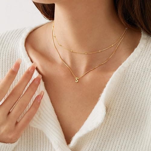 JIAOGE Christmas Gifts for Women Girls - Gold/Silver Bubble Pendent Layered Initial Necklaces for Women Dainty Gold Necklace for Women Beaded Box Chain Choker Letter Necklace Gold Jewelry for Women thumbnail 6