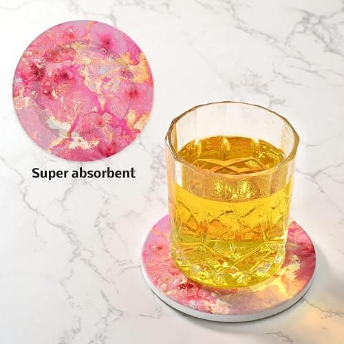 Lemonleaf Cute Pink Gold Drink Coasters Set of 4, 4 Inch Office Absorbent Desk Coasters with Holder thumbnail 4