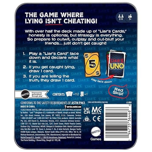 Mattel Games Liar’s UNO Card Game in Travel & Storage Tin for Adults, Kids, Families, Parties & Game Nights, Outwit Other Players with Bluffing & Trickery (Amazon Exclusive) thumbnail 7