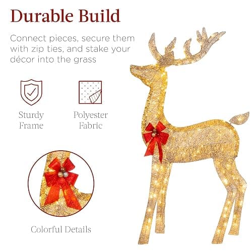 Best Choice Products 3-Piece Large Lighted Christmas Deer Family Set 5Ft Outdoor Yard Decoration with 360 LED Lights, Stakes, Zip Ties - Gold thumbnail 5