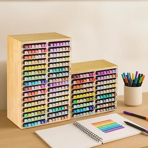 M.J COMFY-LIFE Bamboo Marker Organizer - 32 Compartment Desktop Storage Holds 224 Markers/Pens | Natural Wood Stationery Holder for Artists, Classroom & Office (224 Markers) thumbnail 6