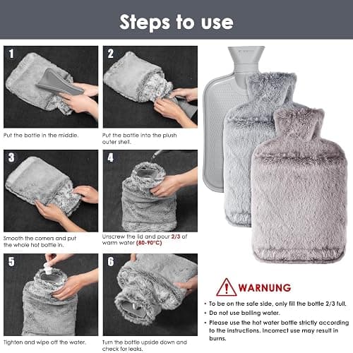 BOLEi Hot Water Bottle with Luxury Cosy Faux Fur Cover,2L Leakproof Large Hot Water Bag for Neck,Shoulder,Hand Feet Warmer,Gifts for Women,Men(Grey) thumbnail 7