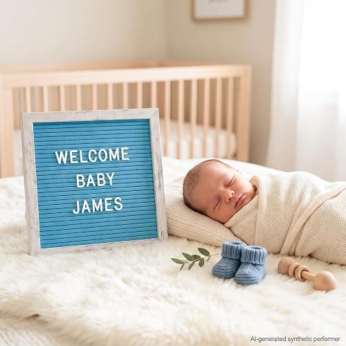Rustic Blue Felt Letter Board 10x10 Inch for Baby Boy Announcements | 336 letters, numbers and symbols with a tabletop stand and wall hanger for newborn photos, milestones and birthdays thumbnail 7