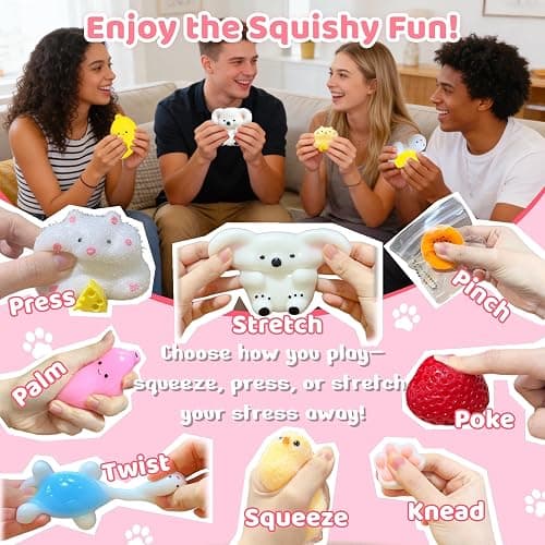 SUISUILE 24 Pack Squishy Toys Kit, Ultra-Soft Squishies with Keychain & Storage Box, Sticky Squishy Sensory Squeeze Toys, Include Hamster, Strawberry, Chick Squishies for Stress Relief Party Favors thumbnail 4