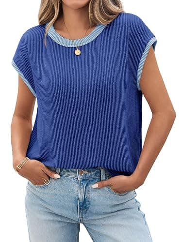 Tankaneo Womens Summer Color Block T-Shirts Cap Sleeve Textured Ribbed Knit Tees Casual Ringer Crew Neck Loose Fit Tops - Image 1