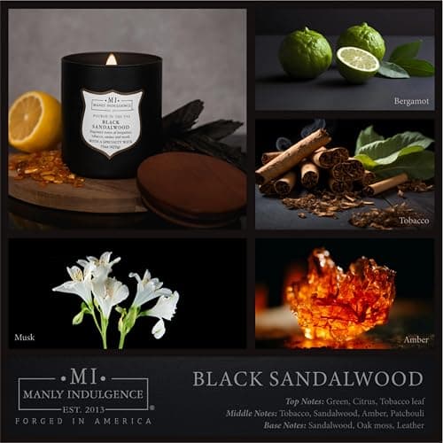 Manly Indulgence Black Sandalwood Scented Candle for Men 15 oz – Bergamot, Tobacco, Amber & Musk - Wood Wick - Up to 60 Hours Burn - Soy Blend Wax, USA Poured – Signature Collection thumbnail 4