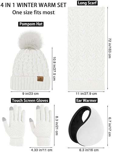 URATOT 4 Packs Winter Warm Set Knitted Pompom Hat Scarf Touch Screen Gloves Ear Warmer 4 In 1 Set for Men or Women thumbnail 2