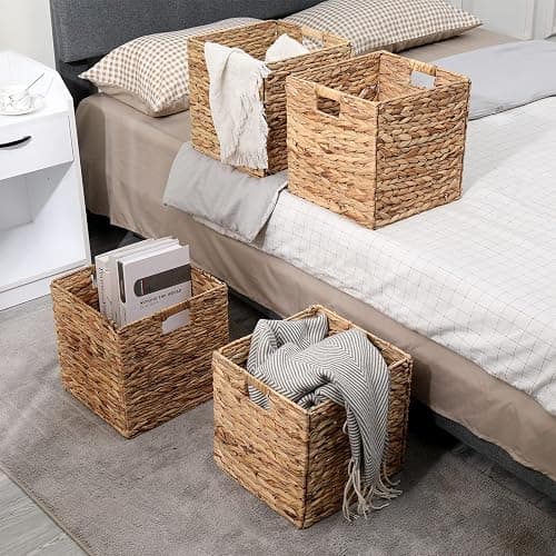 12x12in Storage Baskets Set of 4 Water Hyacinth Baskets,Foldable Handwoven Storage Cubes,Wicker Cube Baskets Laundry Organizer Totes for Home thumbnail 6